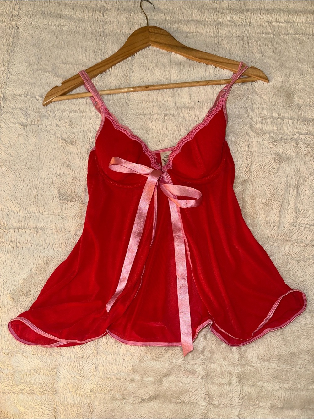 Red Satin & Lace Babydoll top with Pink Trim
